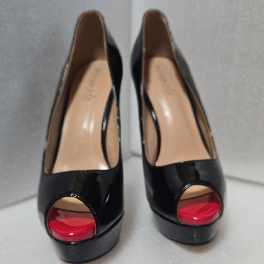 Marumote 6" SHINEY BLACK STILETTOS W/ RED PEEP VALENTINE'S  DIVA 9.5